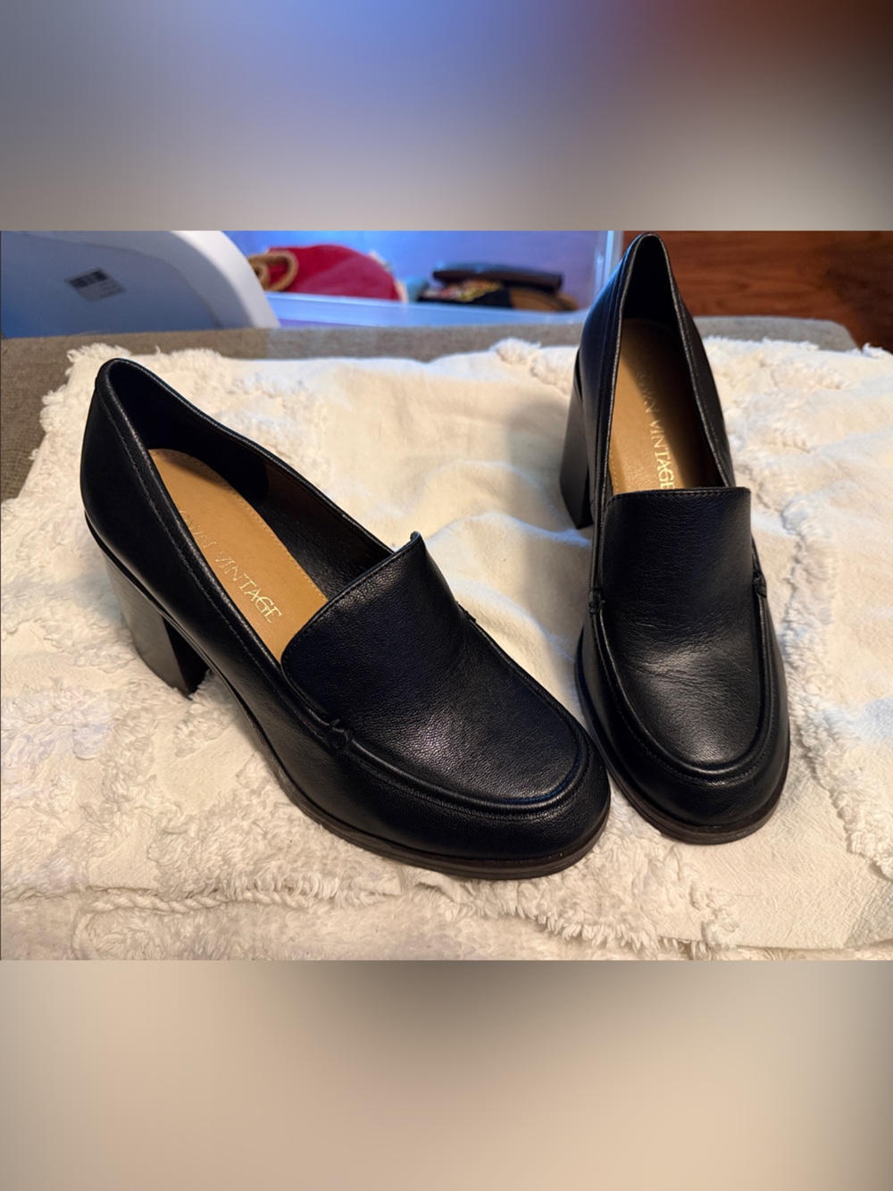 Crown Vintage Black Leather Block Heel Loafers